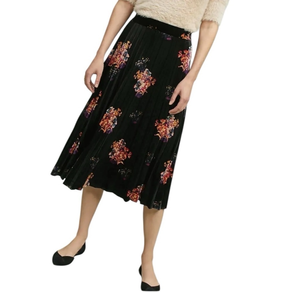 Anthropologie‎ Maeve Pleated Velvet Floral Midi Skirt Size XS Feminine Romantic